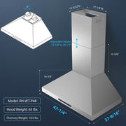 Awoco 48”W Indoor 28”D Wall Mount Range Hood with Touch & Remote Control, Stainless Steel 4 Speeds 1200 CFM Adjustable Chimneys 4 LED Lights 2 x 6” Round Top Vent