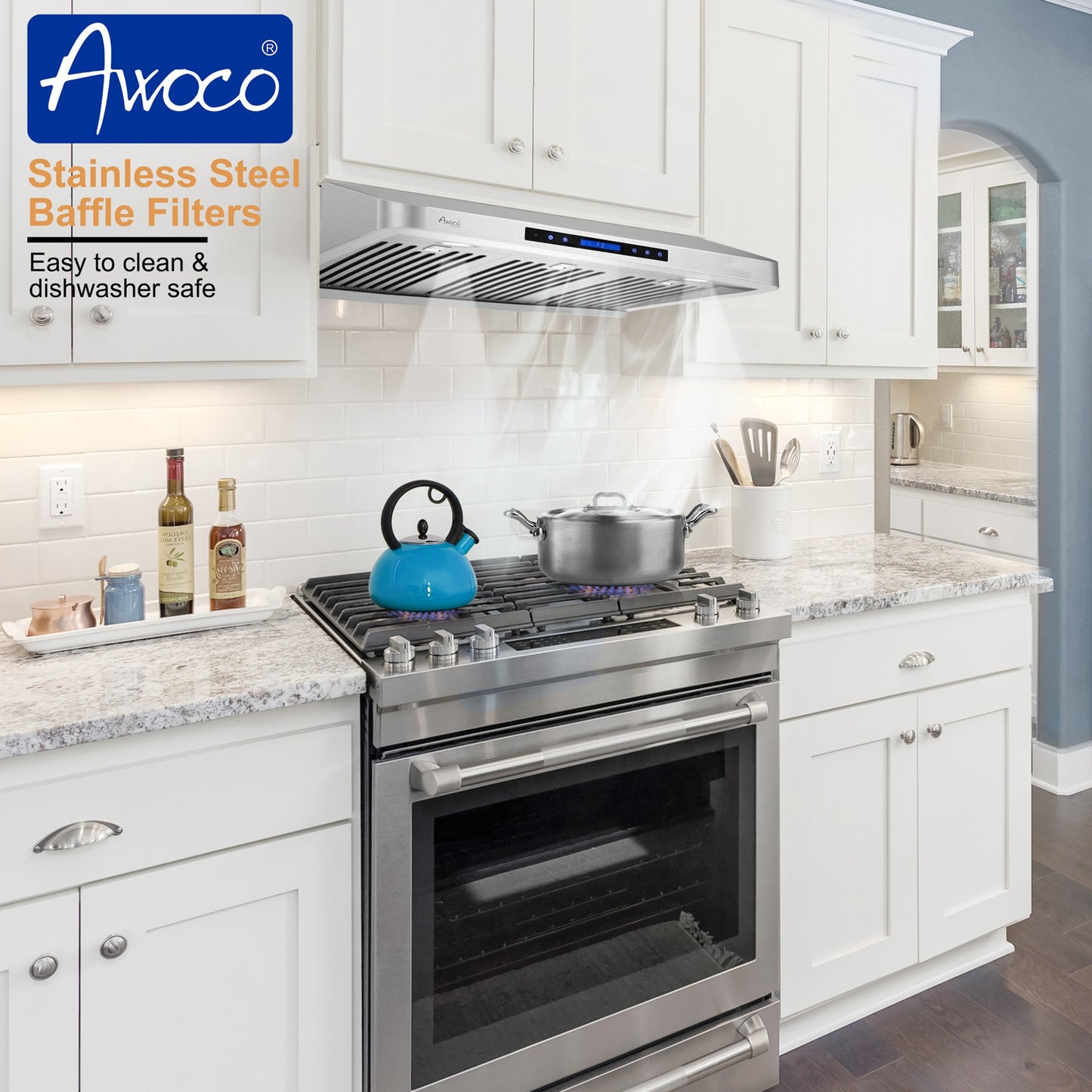 Awoco RH-S10-30S Under Cabinet Supreme 7” High Stainless Steel Range Hood, 6 Speeds, 8” Round Top Vent, 1000CFM, with Remote Control