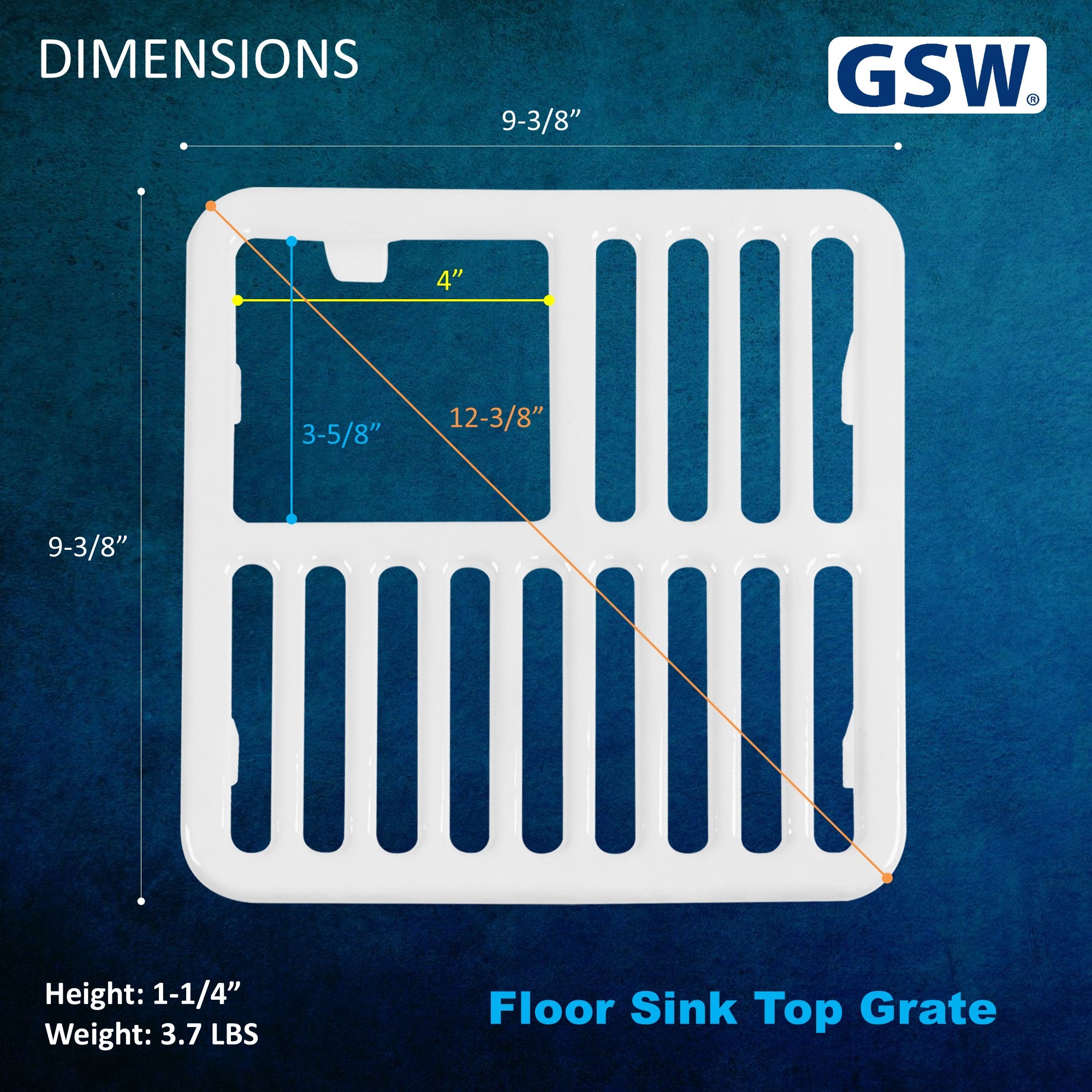 GSW FS-T3/4 Cast Iron Porcelain Floor Sink Top Grate with Ceramic Surface, 9-⅜” x 9-⅜” x 1-¼” - Perfect for Restaurant, Bar, Buffet (¾ Size)