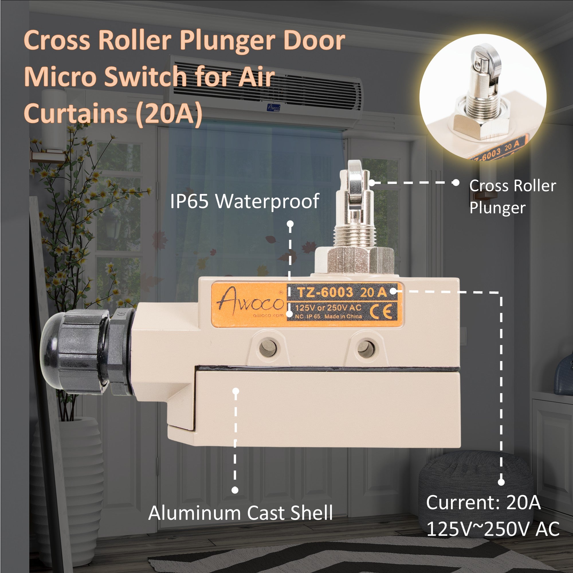 Awoco TZ-6003-20A Heavy Duty Commercial Door Micro Switch with Cross Roller Plunger for Awoco Air Curtains, 250V 20A IP 65 Limit Switch Type NO and Type NC