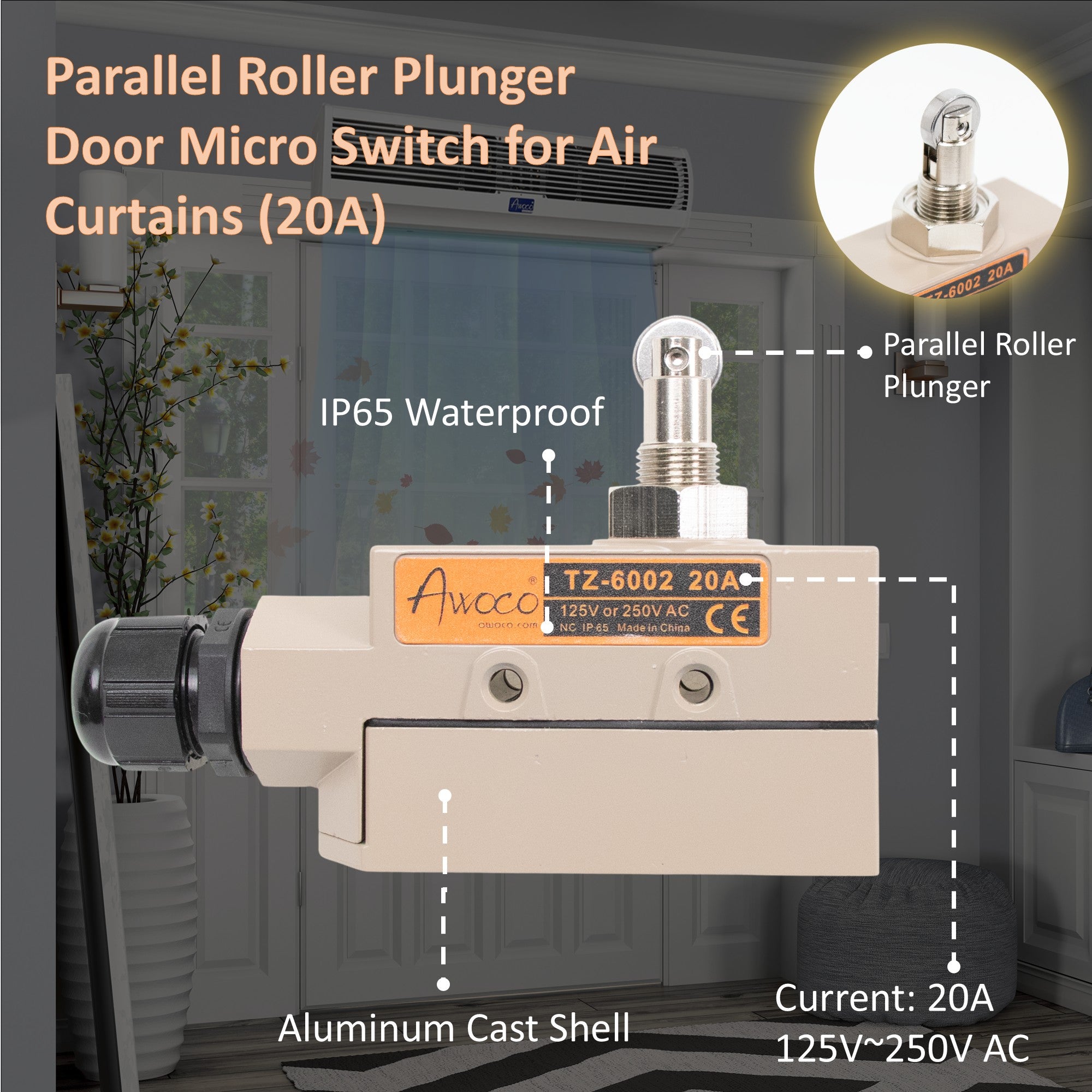 Awoco TZ-6002-20A Heavy Duty Commercial Door Micro Switch with Parallel Roller Plunger for Sliding Doors/Windows for Air Curtains, 250V 20A IP 65 Limit Switch Type NO and Type NC