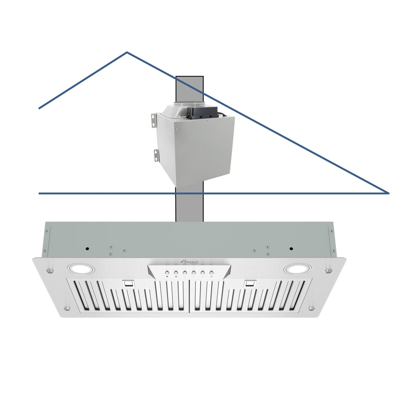 Awoco RH-IT08-M30 14-1/2"D Super Quiet Split Insert Stainless Steel Range Hood, 4-Speeds, 1000 CFM, Baffle Filters, LED Lights with 8” Blower (30"W 8" Vent)