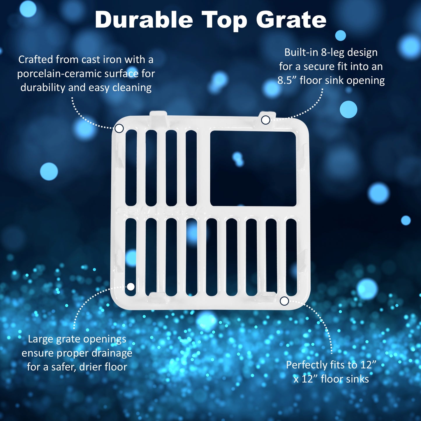 GSW FS-T3/4 Cast Iron Porcelain Floor Sink Top Grate with Ceramic Surface, 9-⅜” x 9-⅜” x 1-¼” - Perfect for Restaurant, Bar, Buffet (¾ Size)