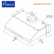 Awoco RH-S10-30S Under Cabinet Supreme 7” High Stainless Steel Range Hood, 6 Speeds, 8” Round Top Vent, 1000CFM, with Remote Control