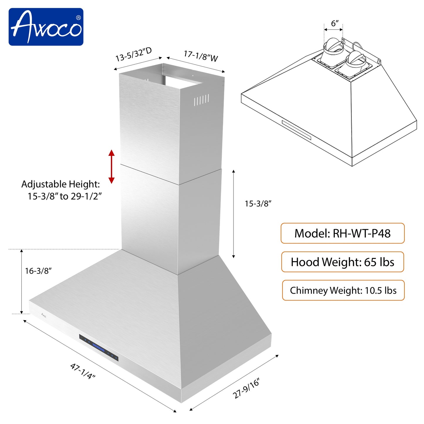 Awoco 48”W Indoor 28”D Wall Mount Range Hood with Touch & Remote Control, Stainless Steel 4 Speeds 1200 CFM Adjustable Chimneys 4 LED Lights 2 x 6” Round Top Vent