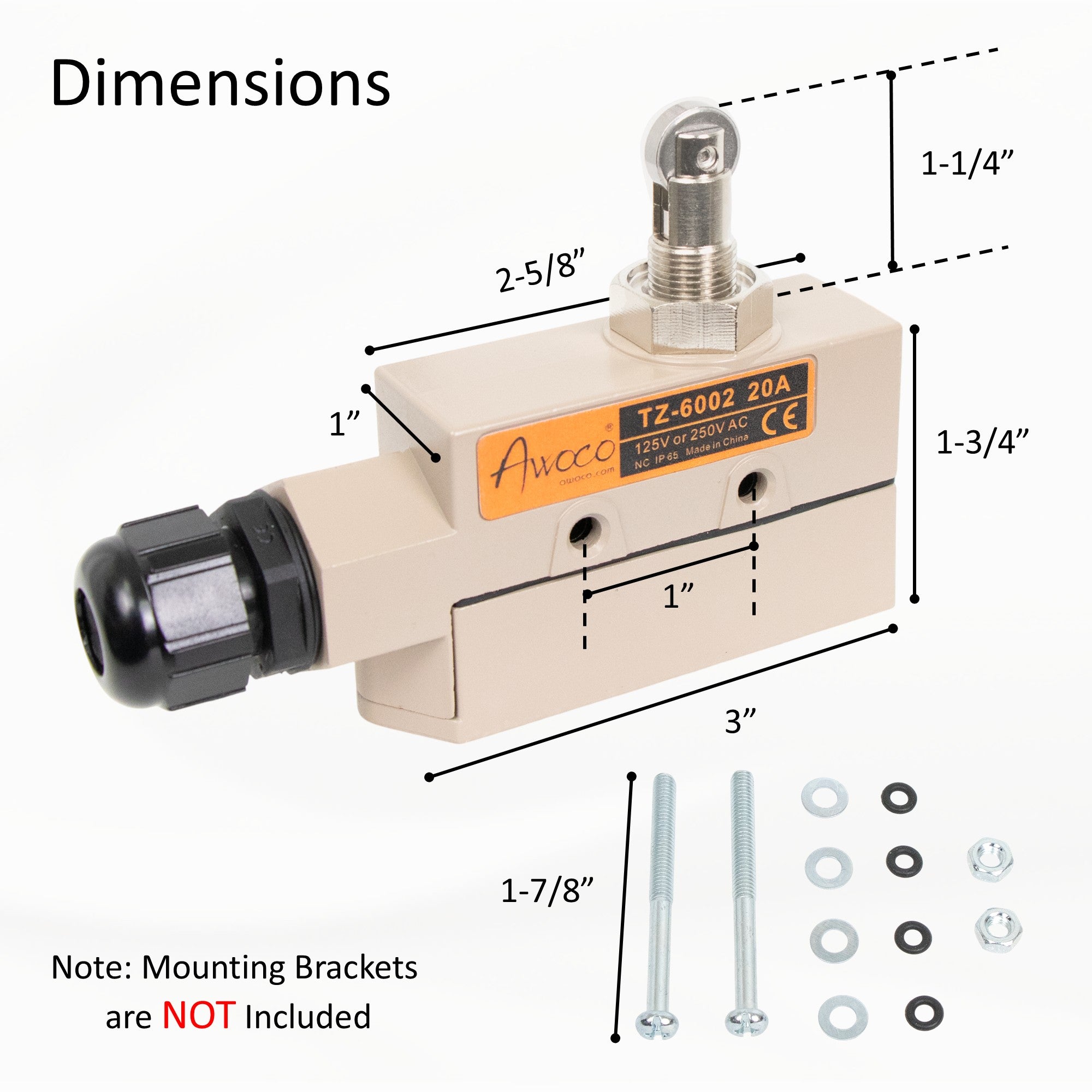 Awoco TZ-6002-20A Heavy Duty Commercial Door Micro Switch with Parallel Roller Plunger for Sliding Doors/Windows for Air Curtains, 250V 20A IP 65 Limit Switch Type NO and Type NC