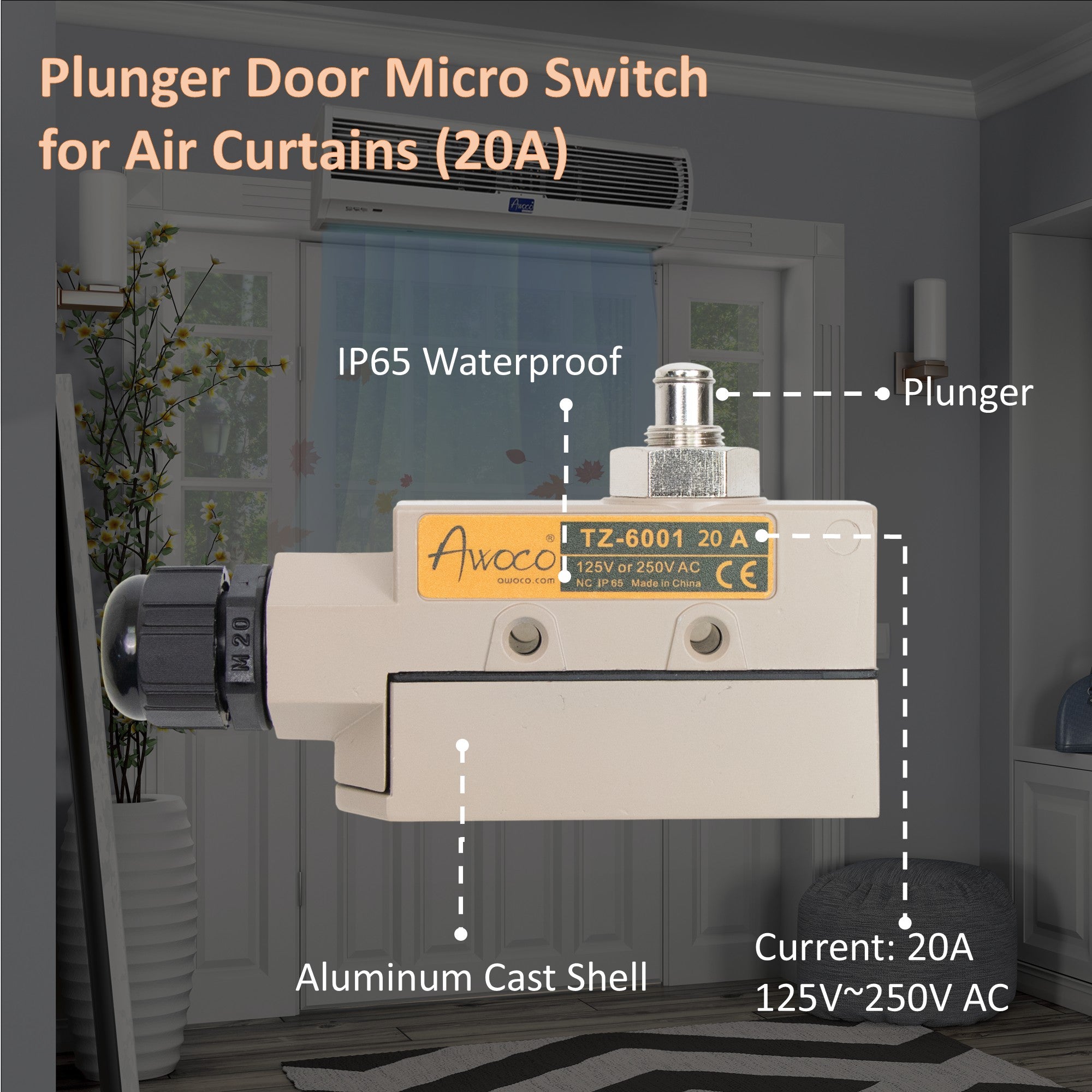 Awoco TZ-6001-20A Heavy Duty Commercial Plunger Door Micro Switch for Air Curtains, 250V 20A IP 65 Limit Switch Type NO and Type NC