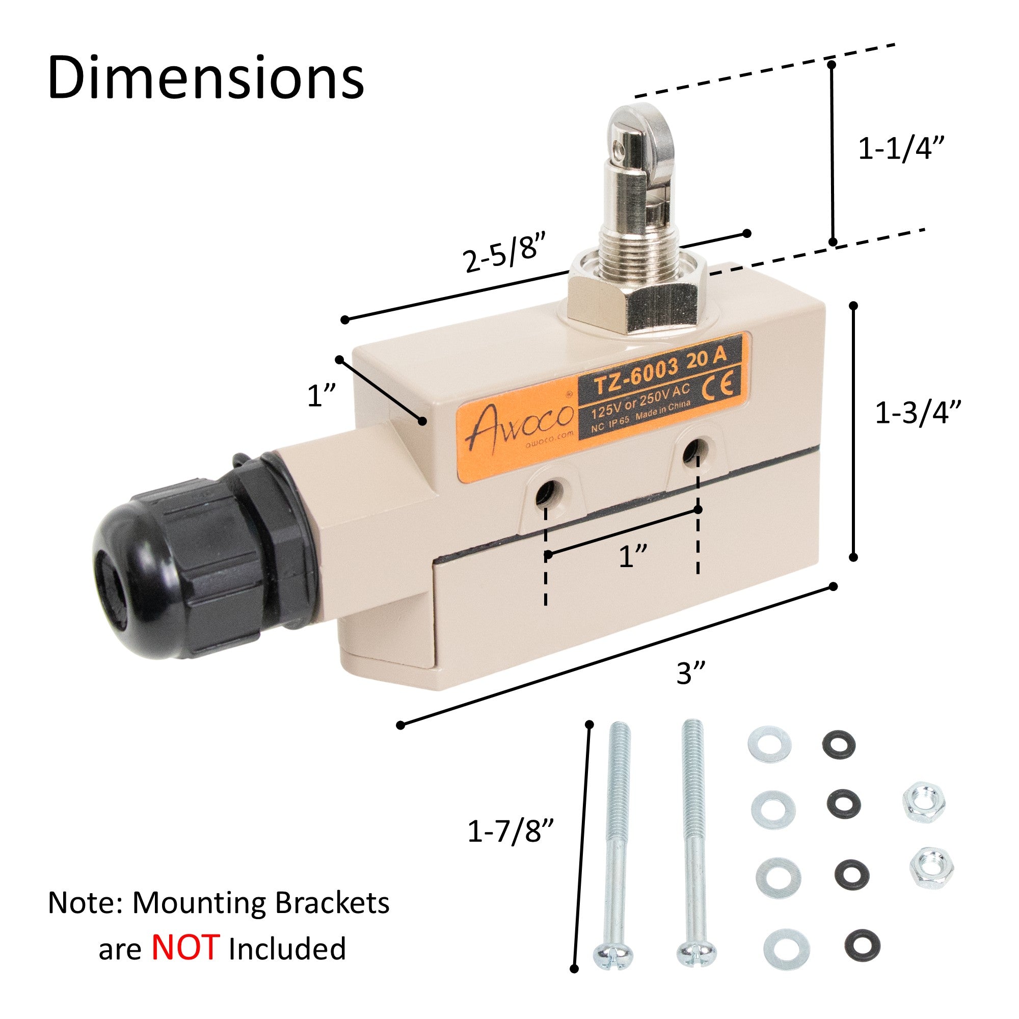 Awoco TZ-6003-20A Heavy Duty Commercial Door Micro Switch with Cross Roller Plunger for Awoco Air Curtains, 250V 20A IP 65 Limit Switch Type NO and Type NC