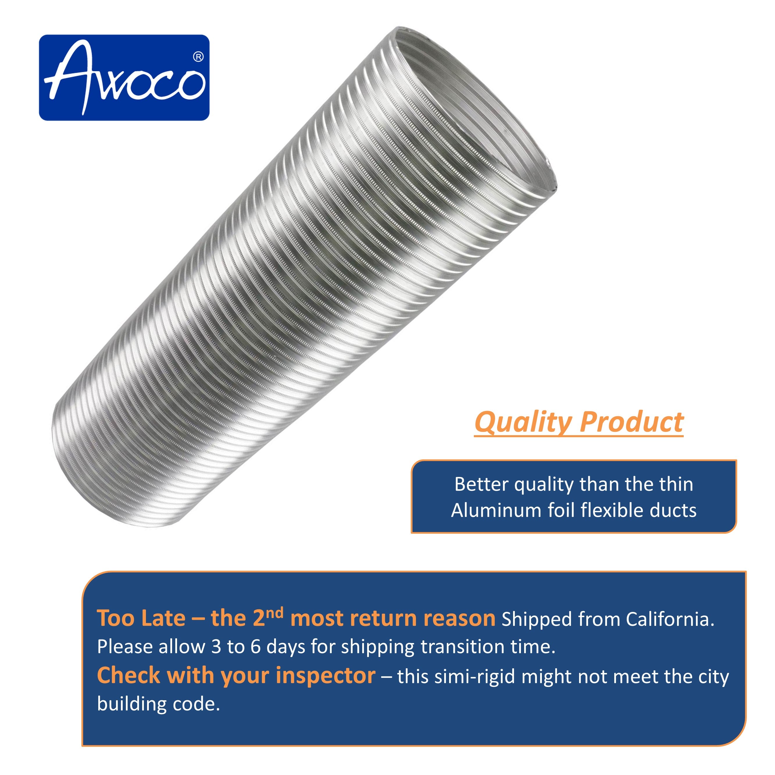 Awoco 8 Inches Diameter Semi-Rigid Flexible Aluminum Duct - Ideal for Kitchen, Bathroom, Range Hood Venting