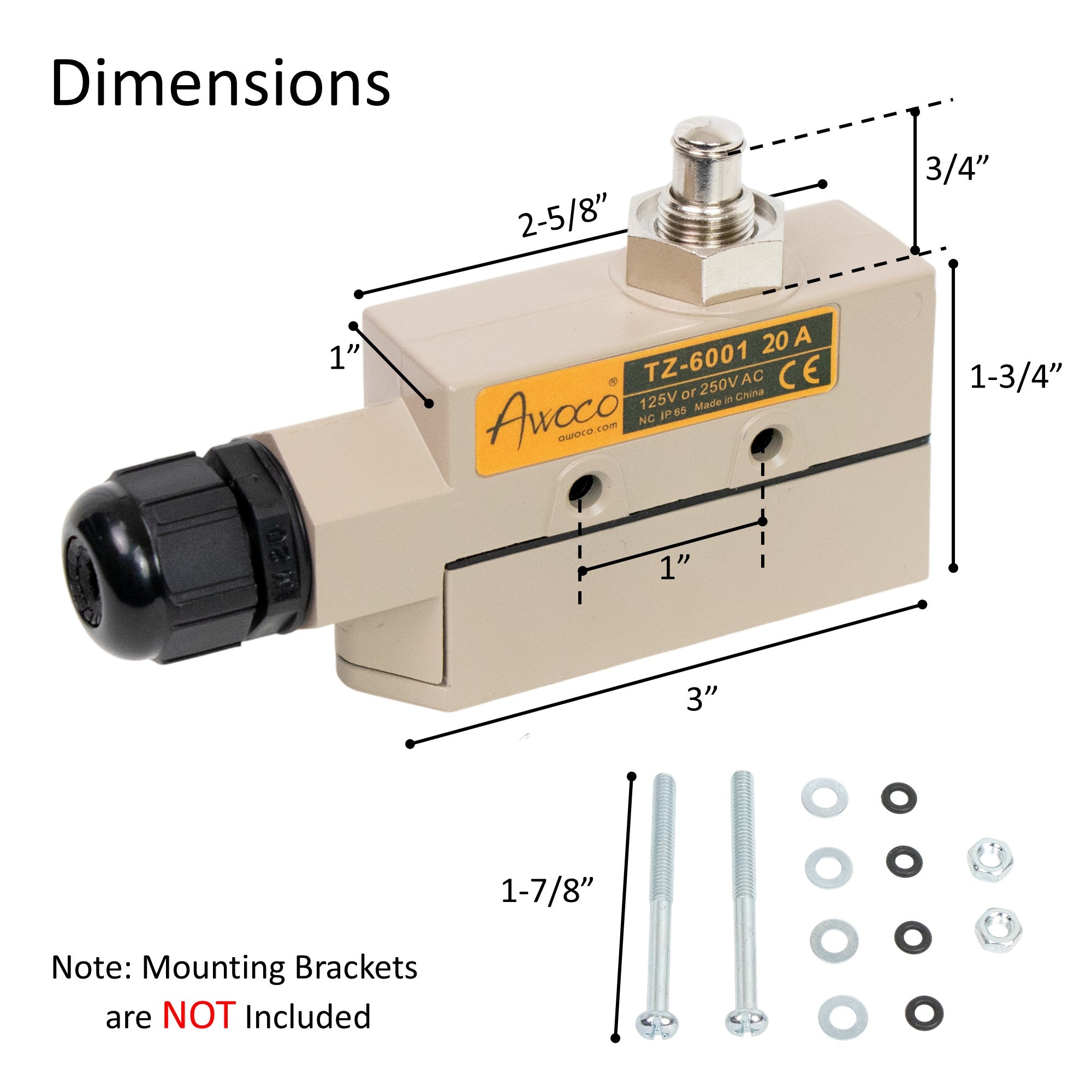 Awoco TZ-6001-20A Heavy Duty Commercial Plunger Door Micro Switch for Air Curtains, 250V 20A IP 65 Limit Switch Type NO and Type NC