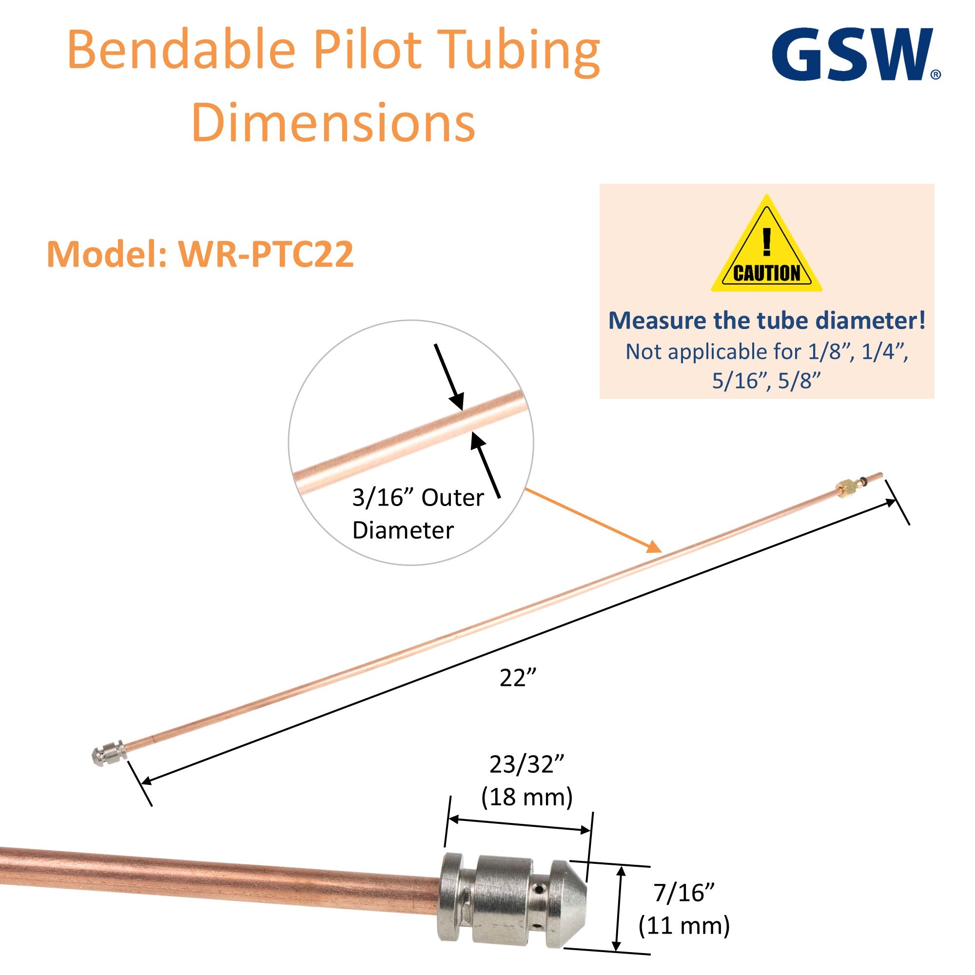 GSW WR-PTC 3/16"OD Bendable Pilot Tubing with Pilot Tip, Nut & Sleeve, Chinese Wok Range Accessory for Commercial Restaurant Kitchen Gas Equipment