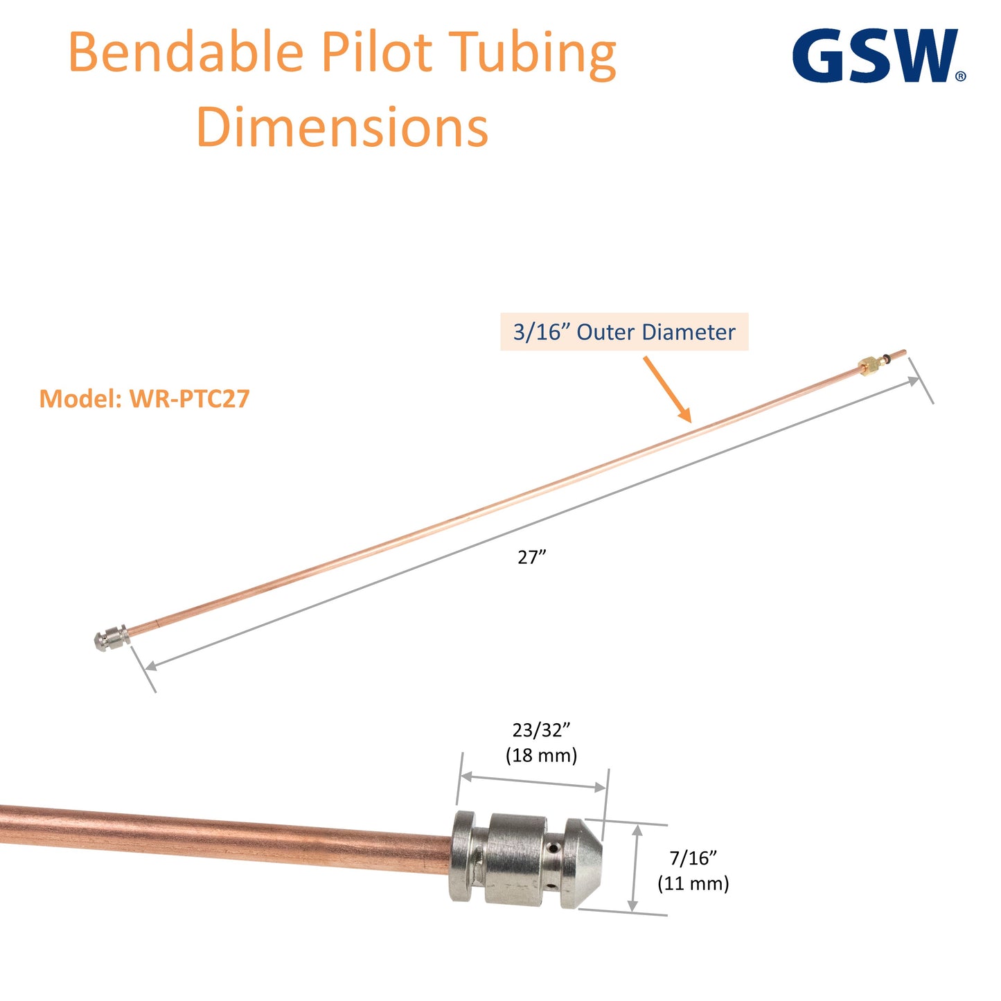 GSW WR-PTC 3/16"OD Bendable Pilot Tubing with Pilot Tip, Nut & Sleeve, Chinese Wok Range Accessory for Commercial Restaurant Kitchen Gas Equipment