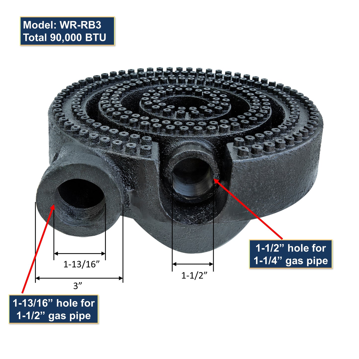 GSW WR-RB3 Three Rings Burner with 2 Air Shutters, 1-1/2” Pipe 90,000 BTU/HR, Fitting for Stock Pot and Wok Ranges