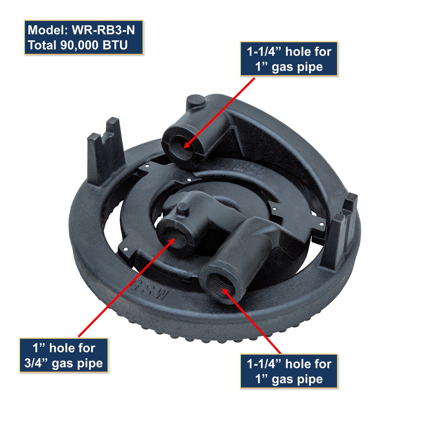 GSW WR-RB3-N Three Rings Burner with 3 Air Shutters, 1” & 3/4” Pipe 90,000 BTU/HR, Fitting for Stock Pot and Wok Ranges