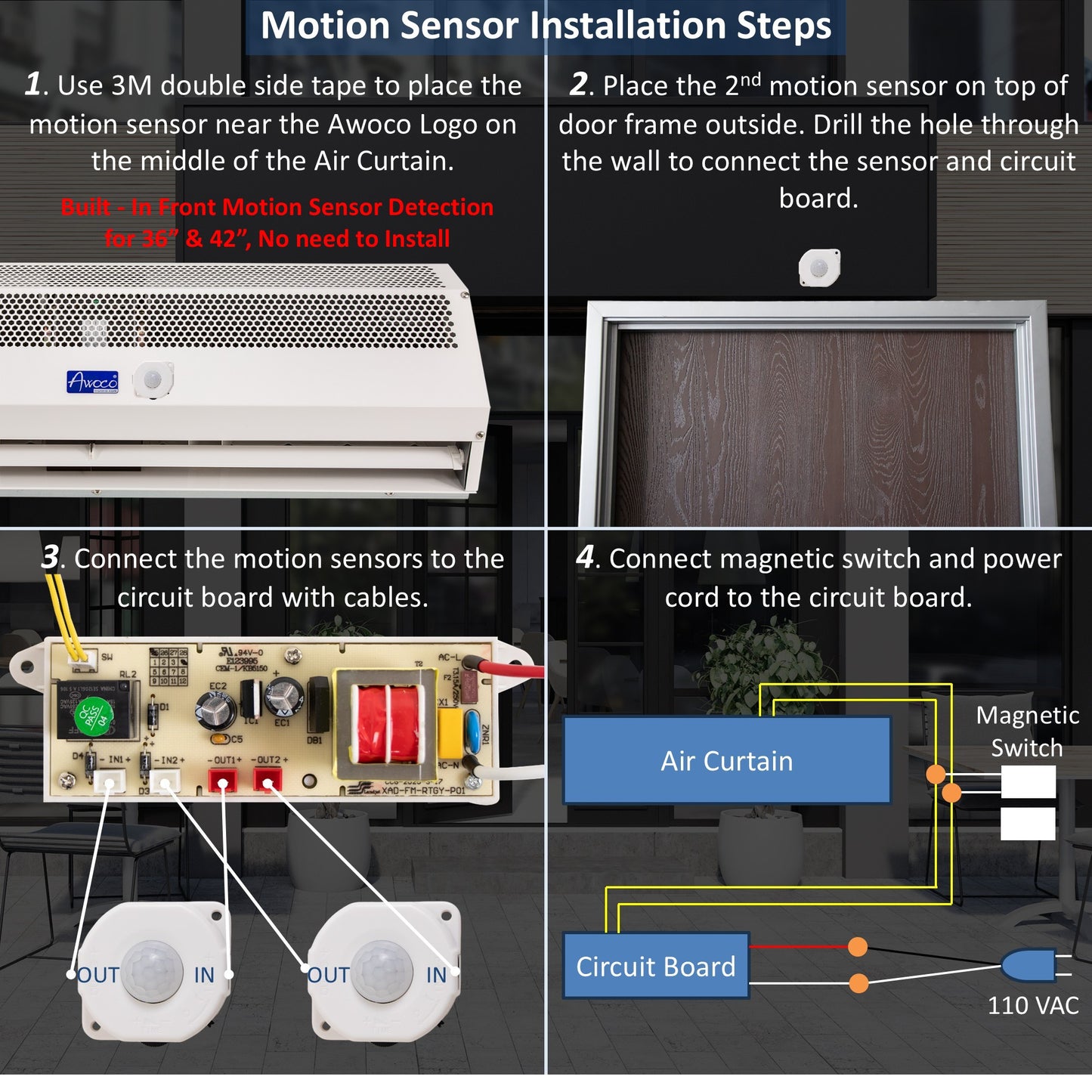 Awoco 42” Early Turn On Super Power 2 Speeds 1350 CFM Commercial Indoor Air Curtain, UL Certified, 120V Unheated with Magnetic Switch and Motion Sensor Detection