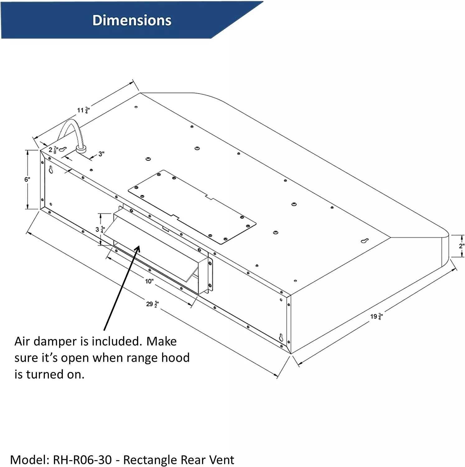 [Refurbished] Awoco RH-R06-30 Rectangle Vent 6" High Stainless Steel Under Cabinet 4 Speeds 900CFM Range Hood with LED Lights (30"W Rectangle Vent)