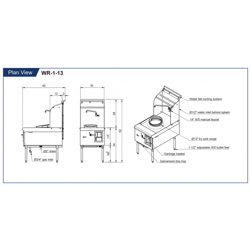 GSW CWR-1-13 Single Chamber Wok Range - Knee Gas Valve, Swing Faucet, Front Drainage