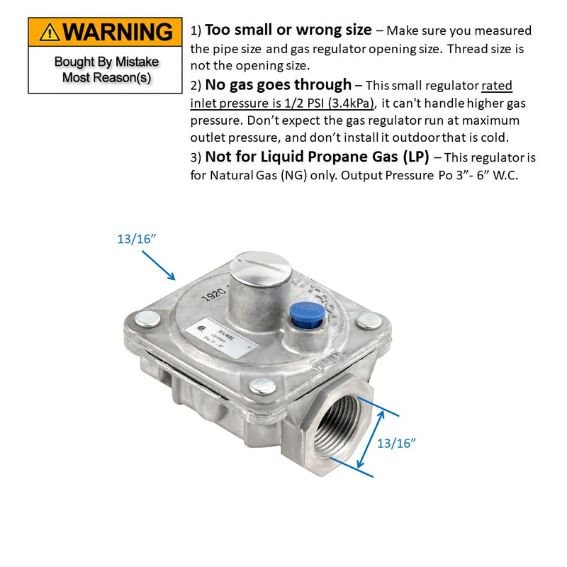 Maxitrol RV48L Natural Gas Pressure Regulator, 1/2" FPT Thread, 13/16" In and Out Opening, 1/2 PSIG In, 3"-6" WC Out (1/2" Natural Gas NG)