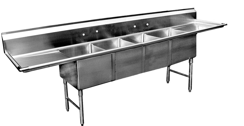 GSW 4 Compartment Stainless Steel Sink 20" x 16"x 12" W/ 18" Left and Right Drainboards NSF Approved