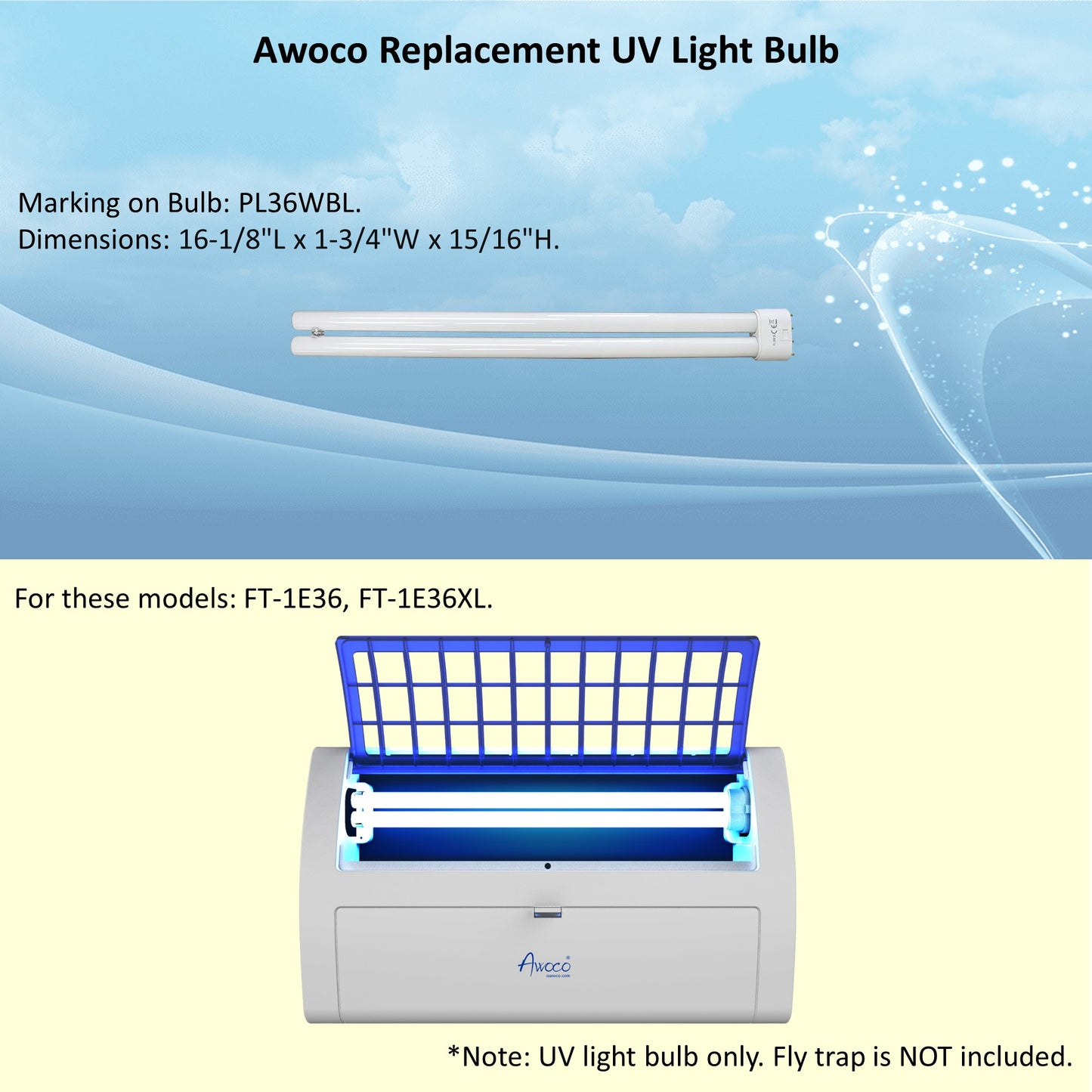 Awoco PL 36W BL Fluorescent UV Light Bulb for Wall Mount Sticky Fly Trap Lamp FT-1E36