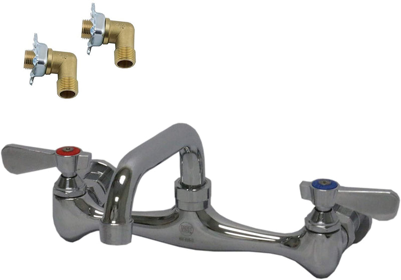 ABC Wall Mount Commercial Duty No Lead Faucet, 8” Center with 8” Swivel Spout, Dual Lever Handles, Chrome Polished and Brass Constructed Body, Installation Kit, NSF Approved (8" Spout + Kit)