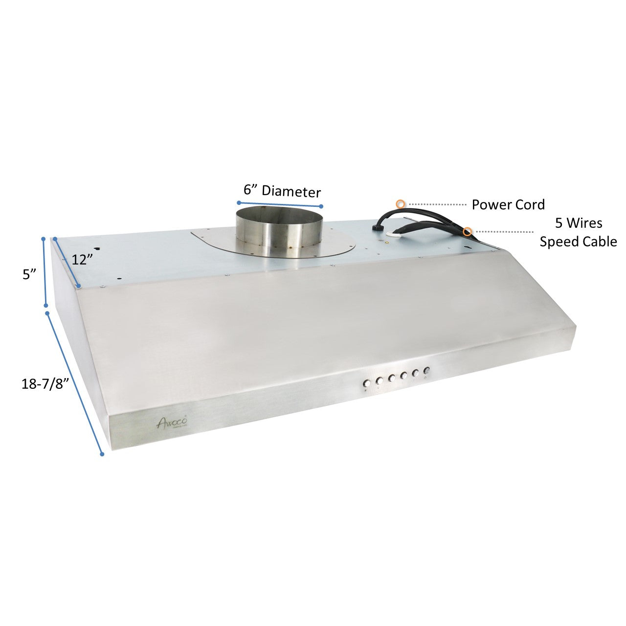 Awoco RH-SP06-N36 Super Quiet Split 5" High Stainless Steel Under Cabinet 4 Speeds 800CFM Range Hood with 2 LED Lights, 6" Round Top Vent - 36" Hood + Blower (36"W 6" Split)