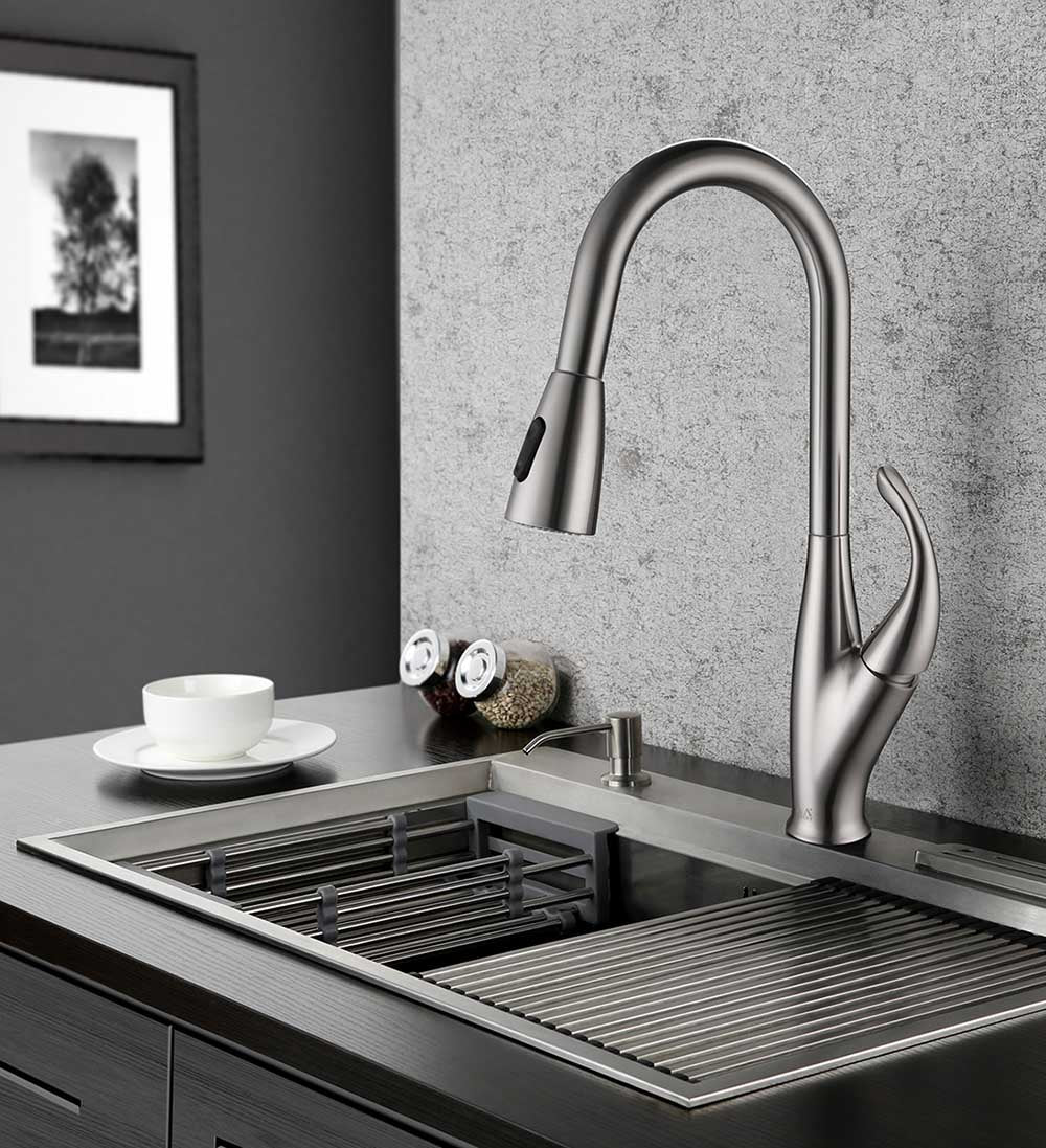 AA Faucet Dual Function Pull Out Sprayer, Single Curve Handle, High Arc Design, Brushed Nickel Stainless Steel Kitchen Faucet.