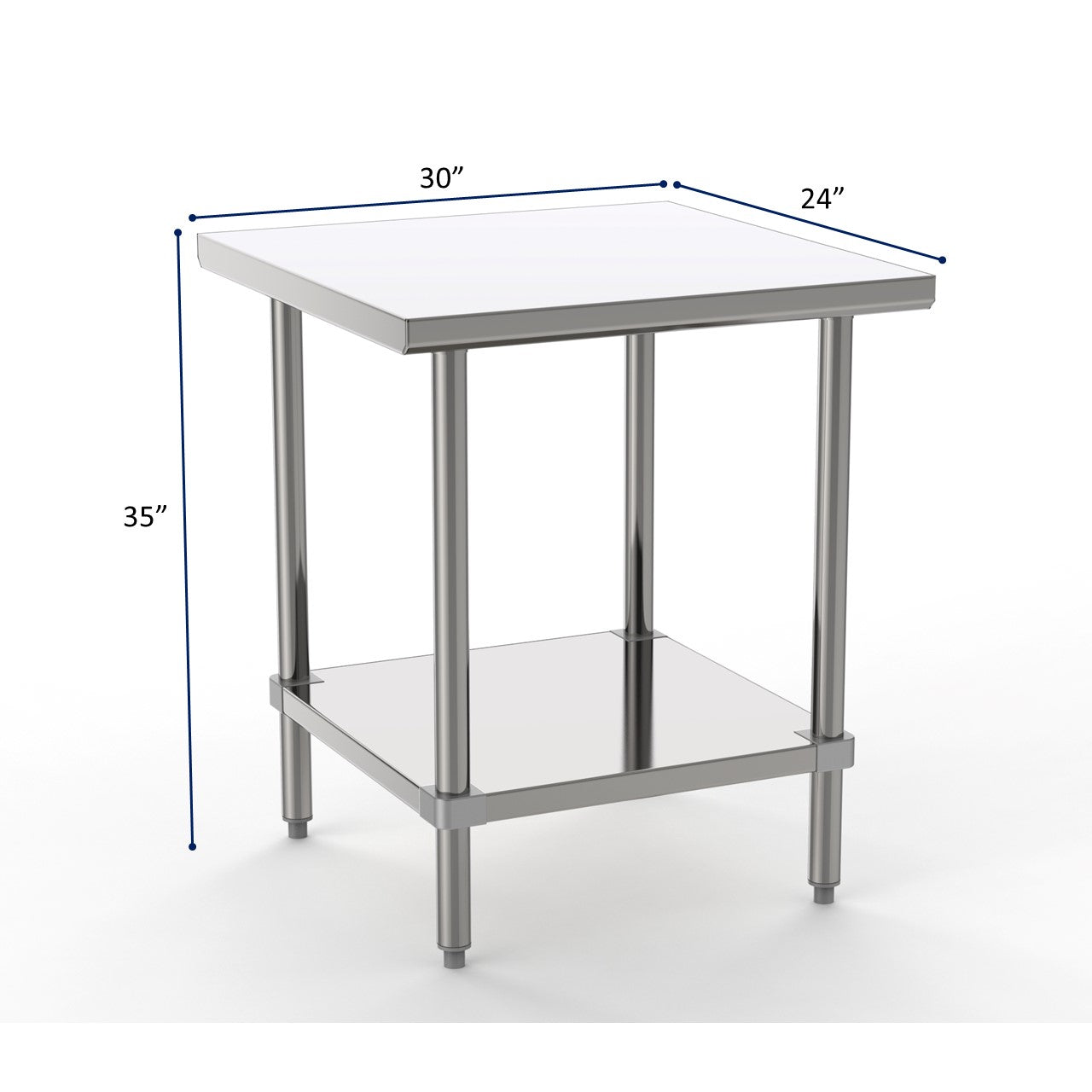 GSW Commercial Grade Flat Top Work Table with All Stainless Steel Top, Undershelf & Legs, Adjustable Bullet Feet, NSF/ETL Approved to Meet Sanitation Food Service Standard 37 (24"D x 30"L x 35"H)