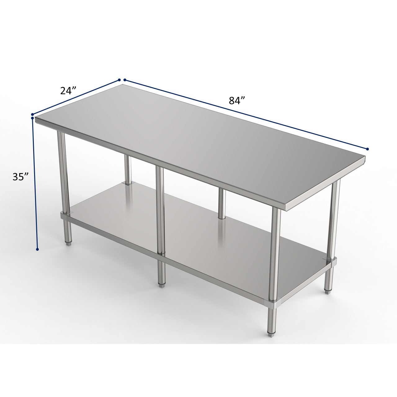 GSW Commercial Grade Flat Top Work Table with All Stainless Steel Top, Undershelf & Legs, Adjustable Bullet Feet, NSF/ETL Approved to Meet Sanitation Food Service Standard 37 (24"D x 84"L x 35"H)