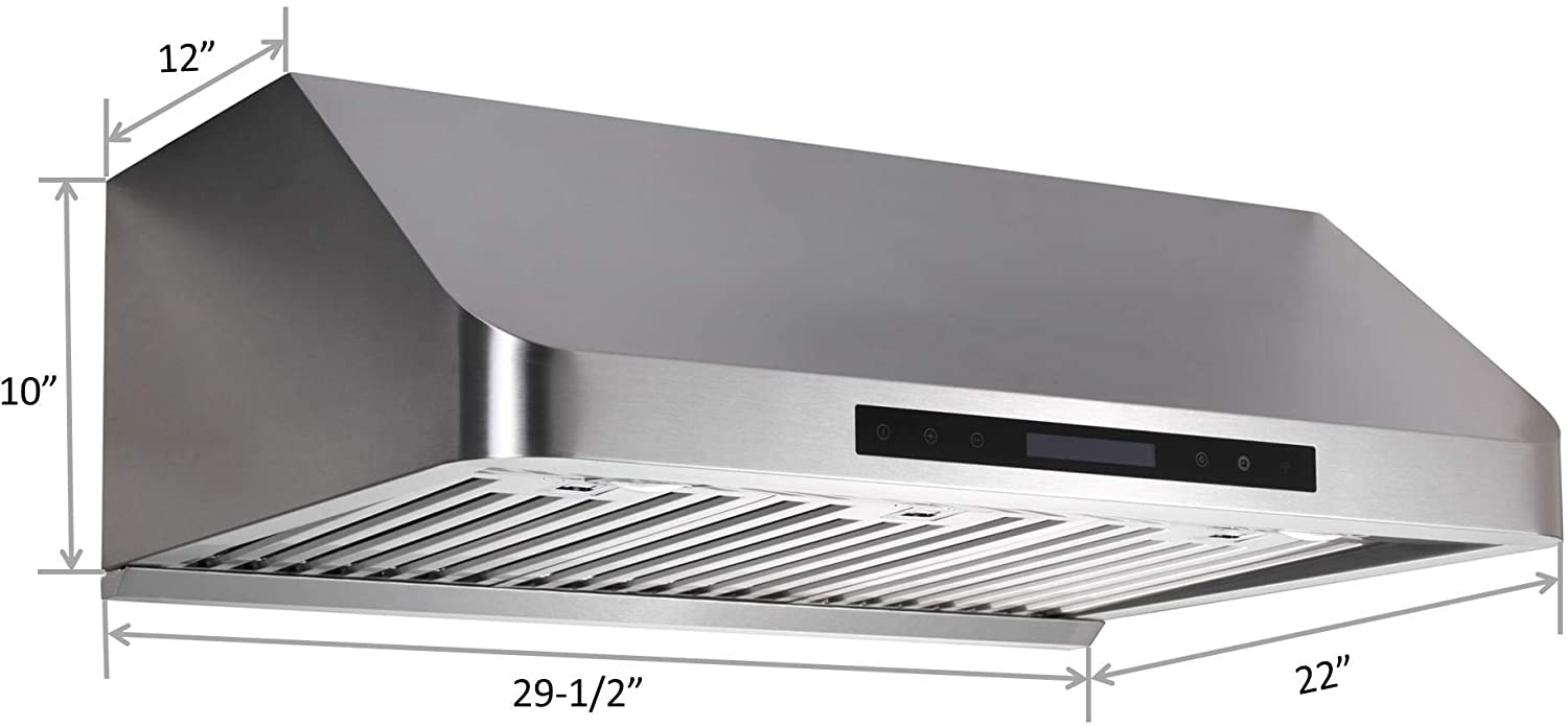 [Refurbished] Awoco RH-S10-30E Supreme 10” High Stainless Steel Under Cabinet Range Hood 4 Speeds, 8” Round Top Vent, 1000CFM 2 LED Lights, Remote Control & External Oil Collector (30”W)