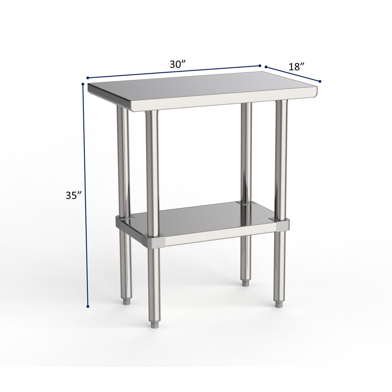 GSW Commercial Grade Flat Top Work Table with All Stainless Steel Top, Undershelf & Legs, Adjustable Bullet Feet, NSF & ETL Approved to Meet Sanitation Food Service Standard 37 (30"D x 18"L x 35"H)