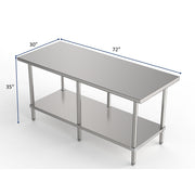 GSW Commercial Grade Flat Top Work Table with All Stainless Steel Top, Undershelf & Legs, Adjustable Bullet Feet, NSF & ETL Approved to Meet Sanitation Food Service Standard 37 (30"D x 72"L x 35"H)