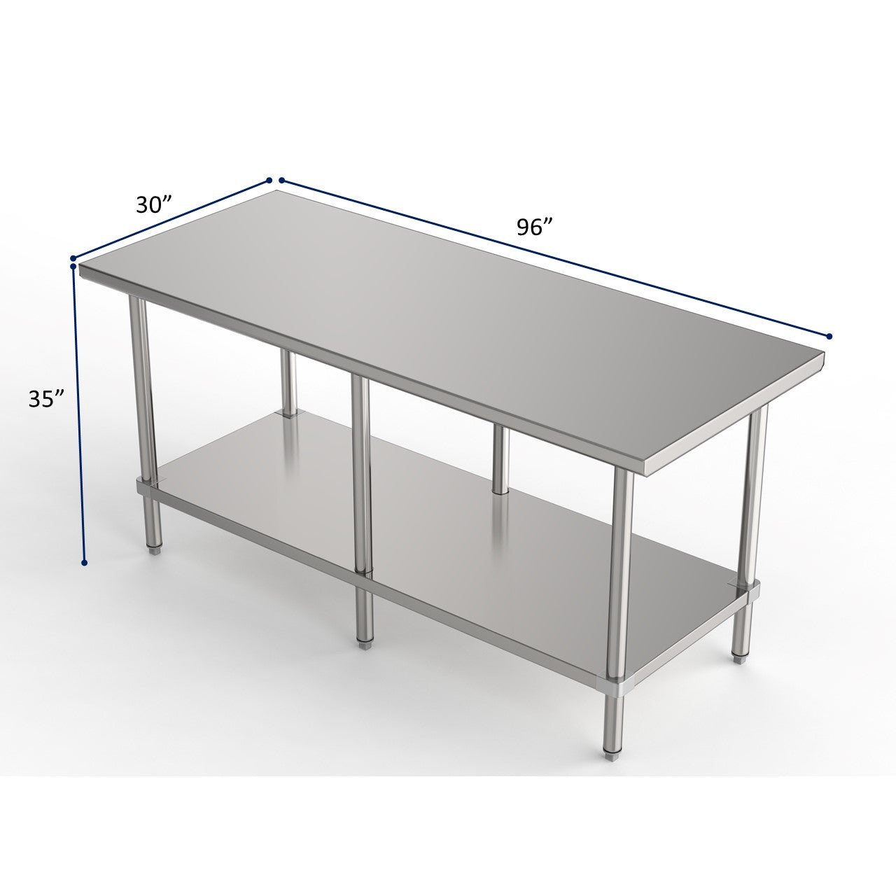 GSW Commercial Grade Flat Top Work Table with Stainless Steel Top, Galvanized Undershelf & Legs, Adjustable Bullet Feet, NSF/ETL Approved to Meet Sanitation Food Service Standard 37 (30"W x 96"L x 35"H)