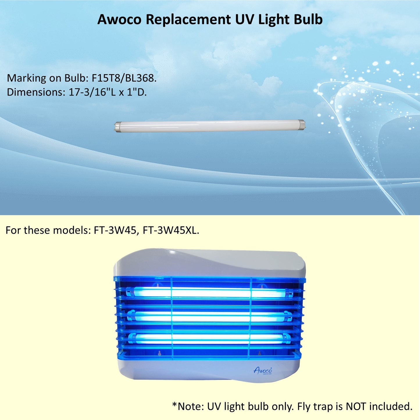 Awoco F15T8/BL368 15W Fluorescent UV Light Bulb for Wall Mount Sticky Fly Trap Lamp FT-3W45