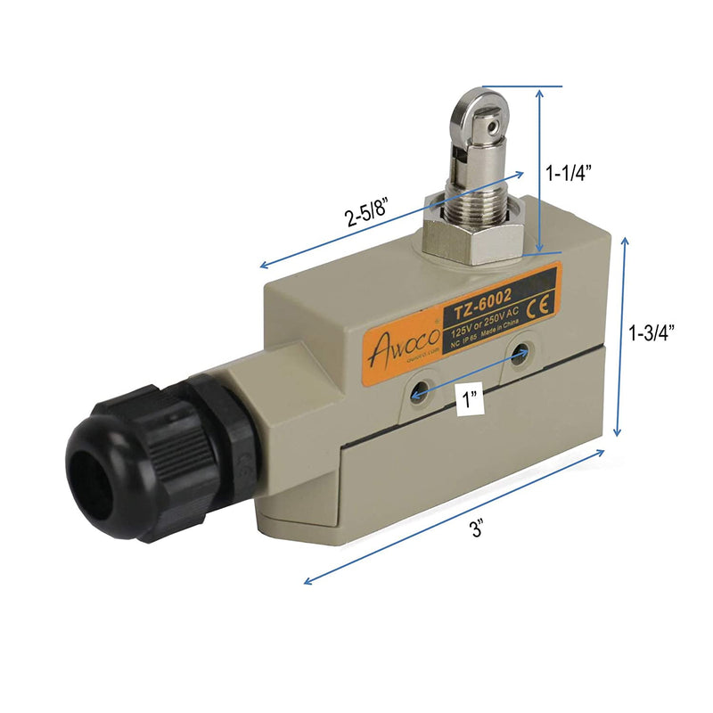 Awoco TZ-6002-15A Heavy Duty Commercial Door Micro Switch with Parallel Roller Plunger for Sliding Doors/Windows for Air Curtains, 250V 15A IP 65 Limit Switch Type NO and Type NC
