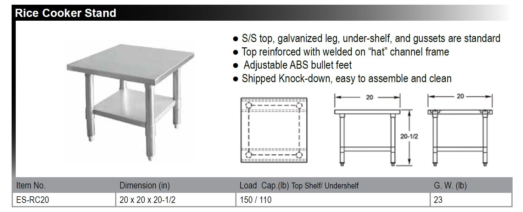 GSW 20"X20" Rice Cooker Stainless Steel Equipment Stand