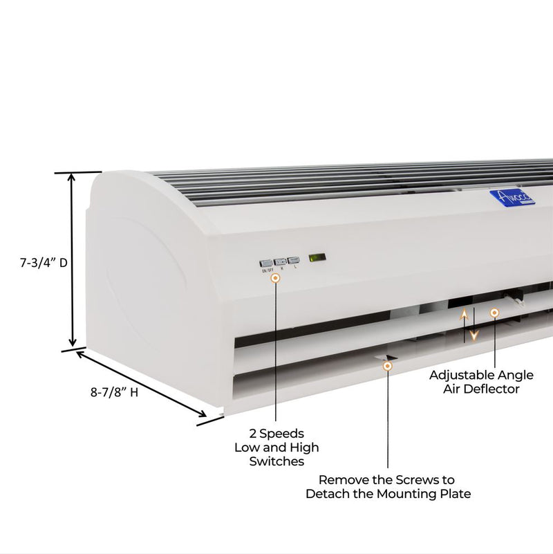 Awoco 48" Slimline 2 Speeds 1500 CFM Indoor Air Curtain, CE Certified, 120V Unheated with Remote Control and Magnetic Switch, Powerful, Quiet, Small Body, Light Weight,
