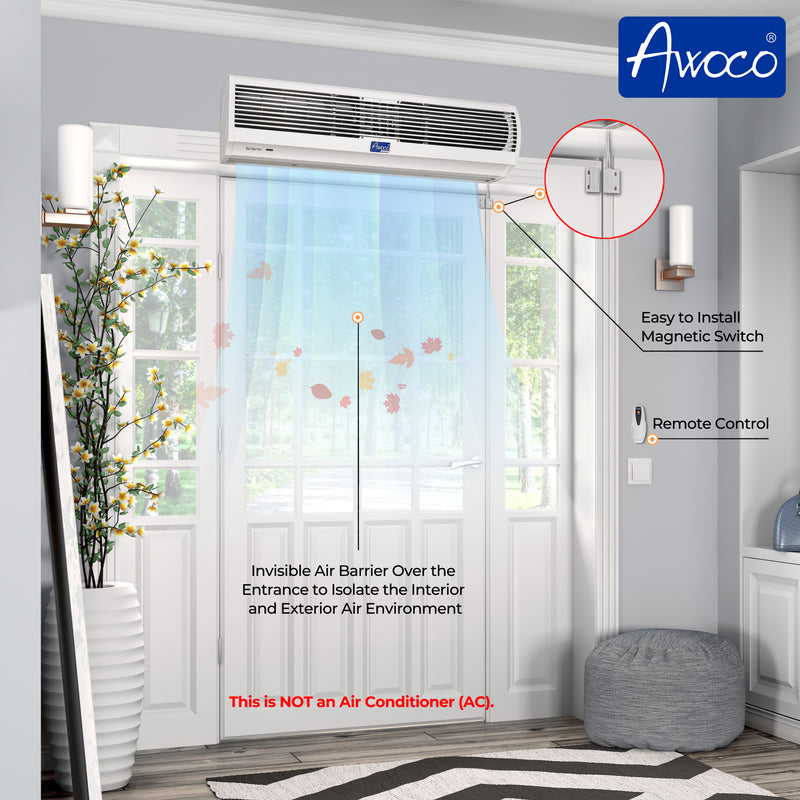 Awoco 36" Slimline 2 Speeds 1100 CFM Indoor Air Curtain, CE Certified, 120V Unheated with Remote Control and Magnetic Switch, Powerful, Quiet, Small Body, Light Weight