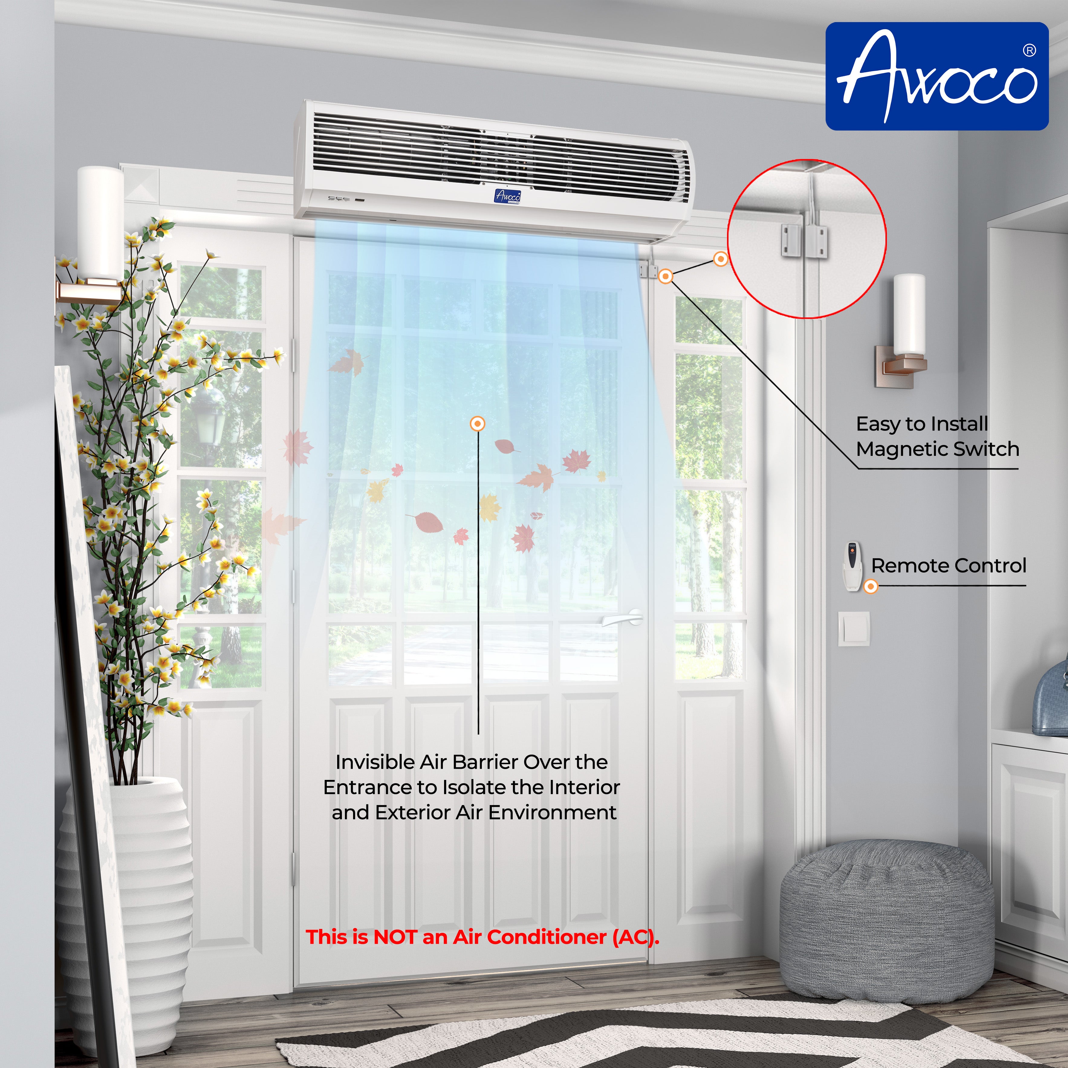 Awoco 40” Slimline 2 Speeds 1250 CFM Indoor Air Curtain, CE Certified, 120V Unheated with Remote Control and Magnetic Switch, Powerful, Quiet, Small Body, Light Weight, 3 Year Warranty