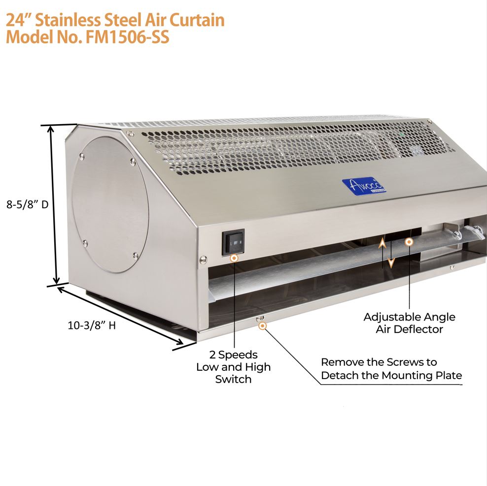 Awoco Stainless Steel Super Power 2 Speeds Commercial Indoor Air Curtain, 120V Unheated with an Easy-Install Magnetic Door Switch