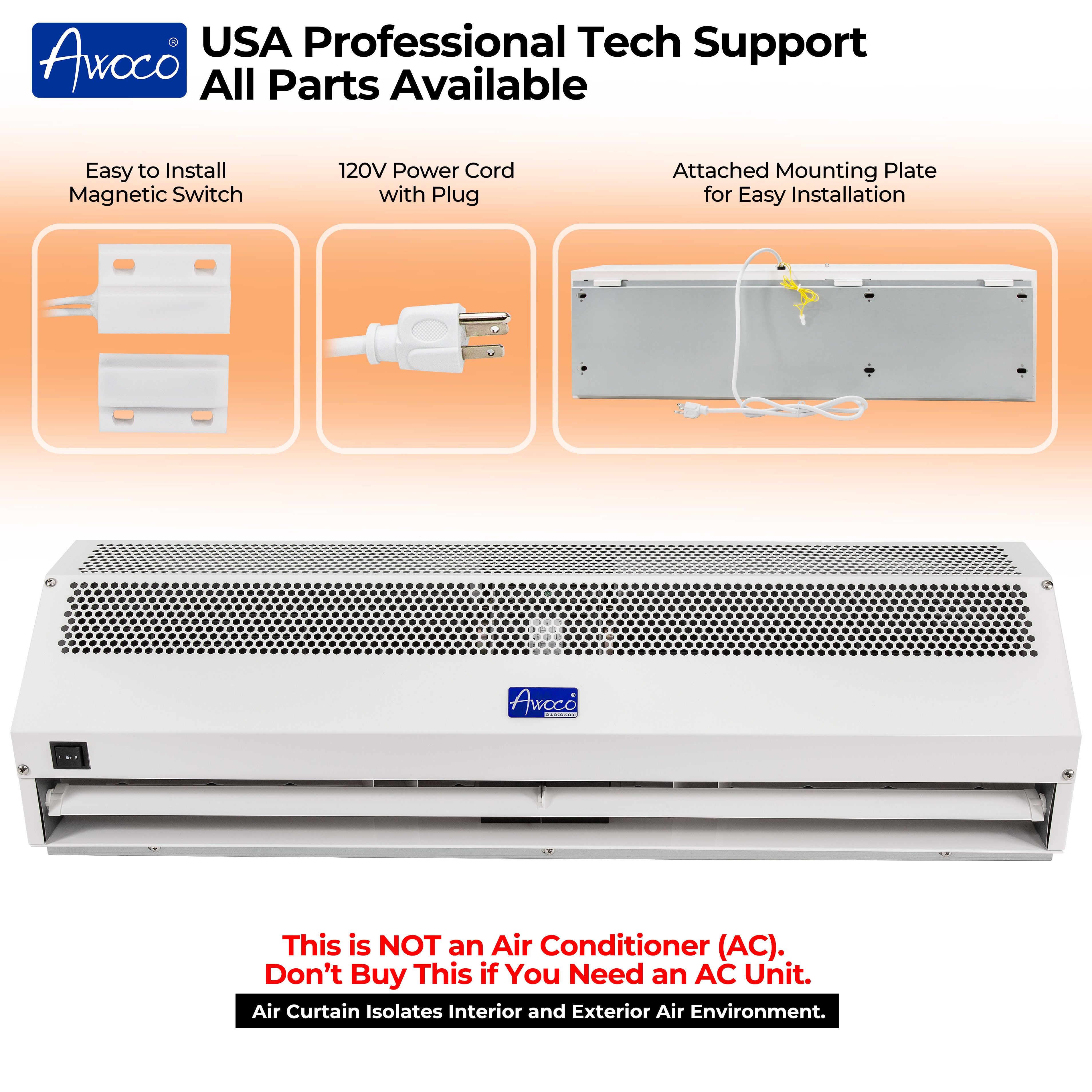 Awoco 36" Super Power 1 Speed 1200 CFM Commercial Indoor Air Curtain, 120V Unheated, ETL & UL Certified to Meet NSF 37 Food Service Standard