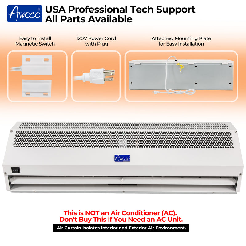 Awoco 36” Super Power 2 Speeds 1200 CFM DELAY ON Commercial Indoor Air Curtain, UL Certified, 120V Unheated with an Easy-Install Magnetic Switch