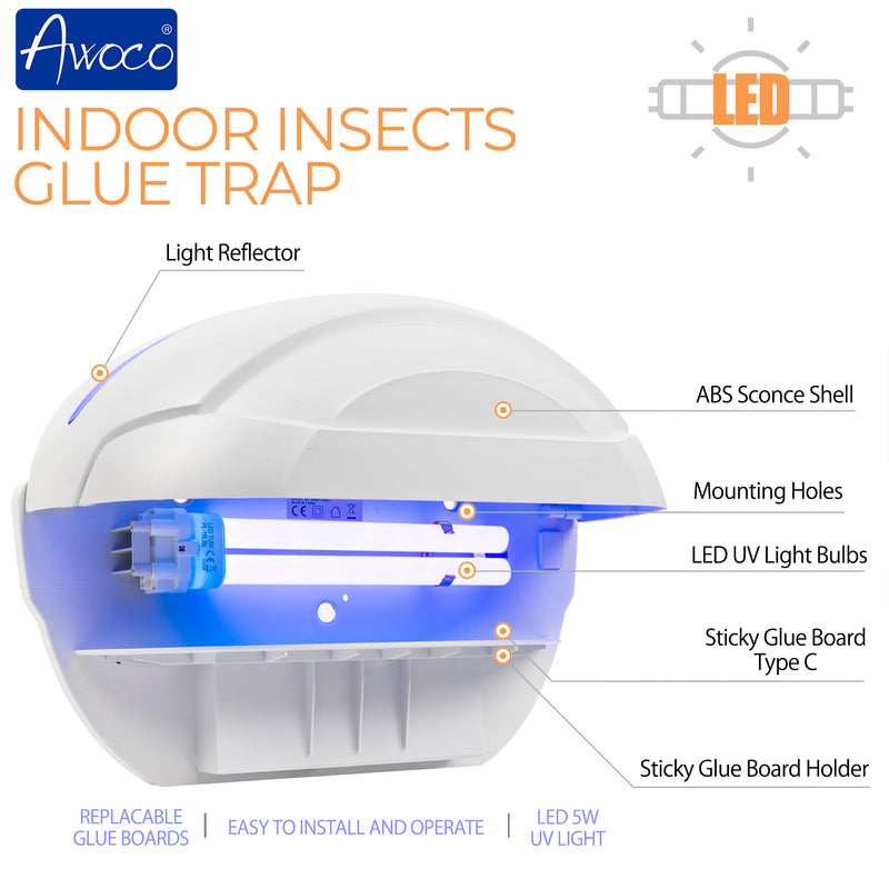 Awoco FT-1C18-LED 5 W Wall Mount Sconce Sticky Fly Trap Lamp for Capturing Flies, Mosquitoes, Moths and Flying Insects (Fly Trap)