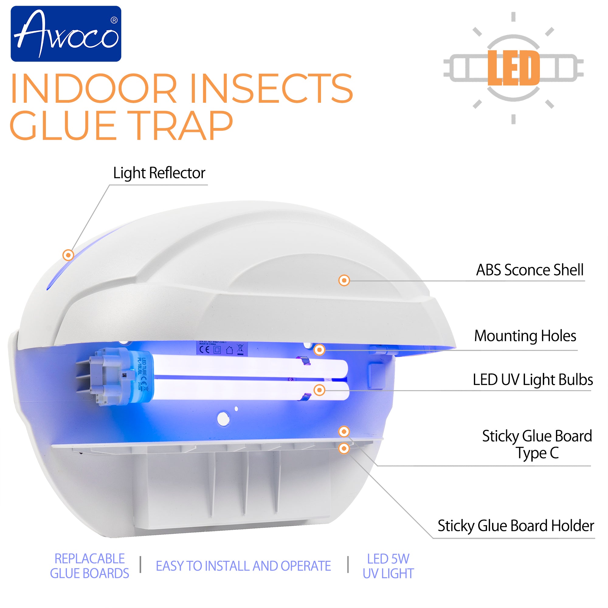 Awoco FT-1C18XL-LED 5 W Wall Mount Sconce Sticky Fly Trap Lamp XL 78” Extra Long Power Cord for Capturing Flying Insects, Flies, Mosquitoes, and Moths (Fly Trap XL + 6 Glue Boards)