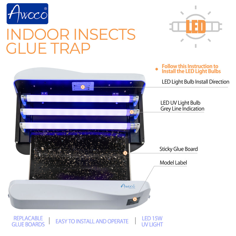 Awoco FT-3W45XL-LED 15 W Wall Mount Sticky Fly Trap Lamp XL 78” Extra Long Power Cord with 3 LED UV Lights for Capturing Flies, Mosquitoes, Moths and Flying Insects (Fly Trap XL + 6 Glue Boards)