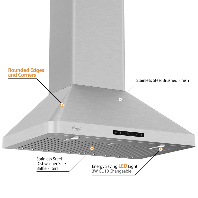Awoco RH-WT-C30 30” Wall Mount Stainless Steel Range Hood 3 Speeds, 6” Round Top Vent 800CFM 2 LED Lights & Remote Control