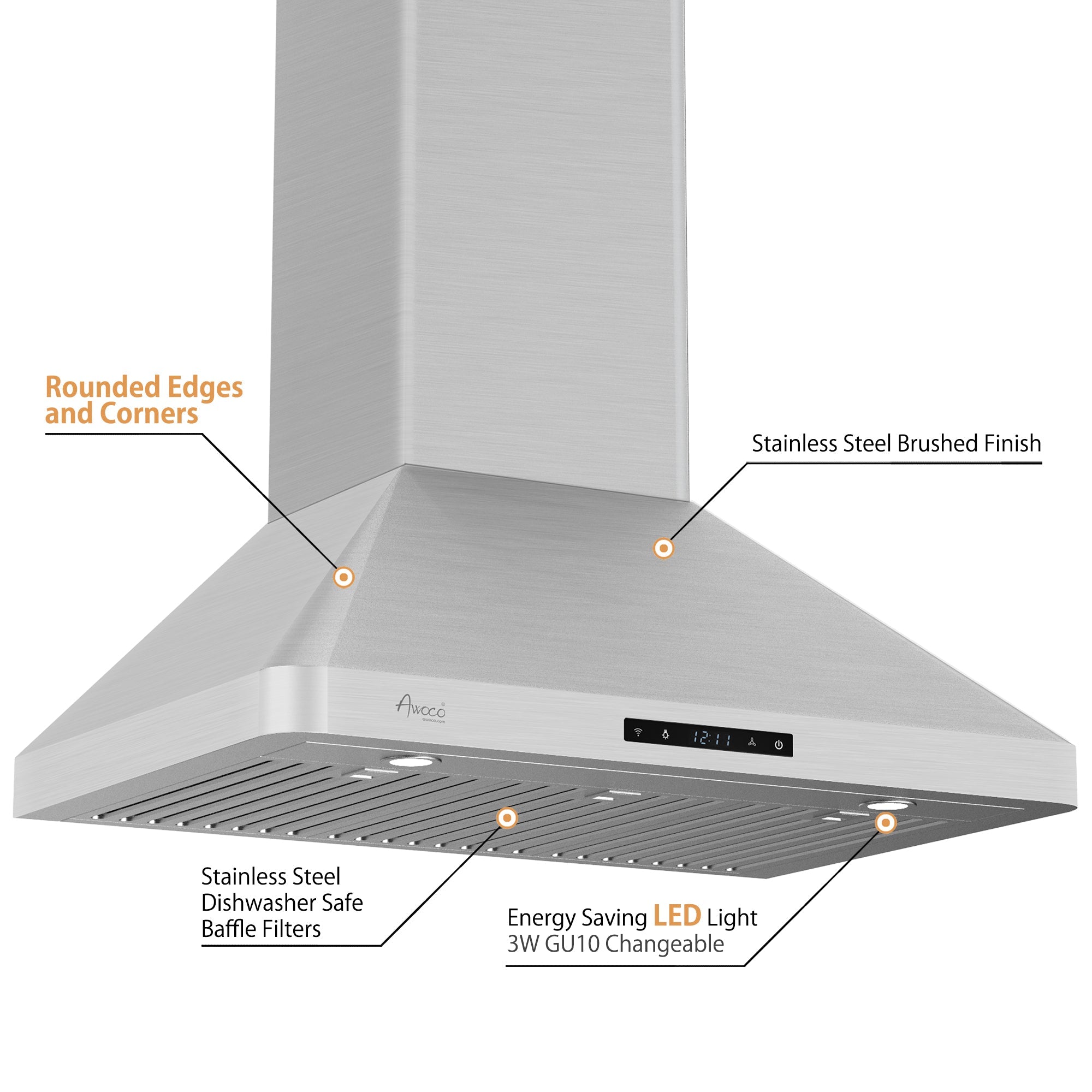 Awoco RH-WT-C36 36” Wall Mount Stainless Steel Range Hood 3 Speeds, 6” Round Top Vent 800CFM 2 LED Lights & Remote Control