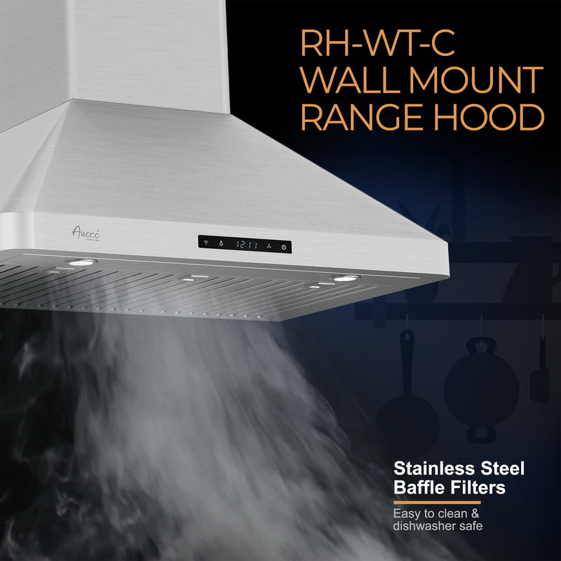 Awoco RH-WT-C36 36” Wall Mount Stainless Steel Range Hood 3 Speeds, 6” Round Top Vent 800CFM 2 LED Lights & Remote Control