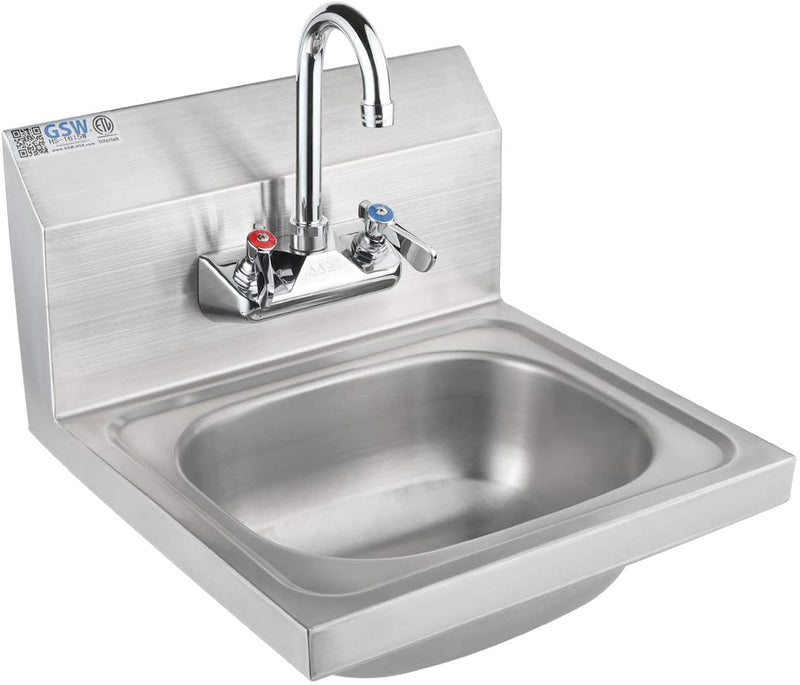 GSW Stainless Steel Wall Mount Hand Sink with 4" Gooseneck Faucet and Strainer, ETL Certified