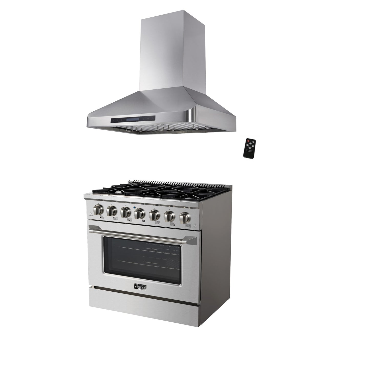 Combo Awoco 36” Freestanding 6 Burners Range with 36'' RH-WT-36 Wall Mount Range Hood